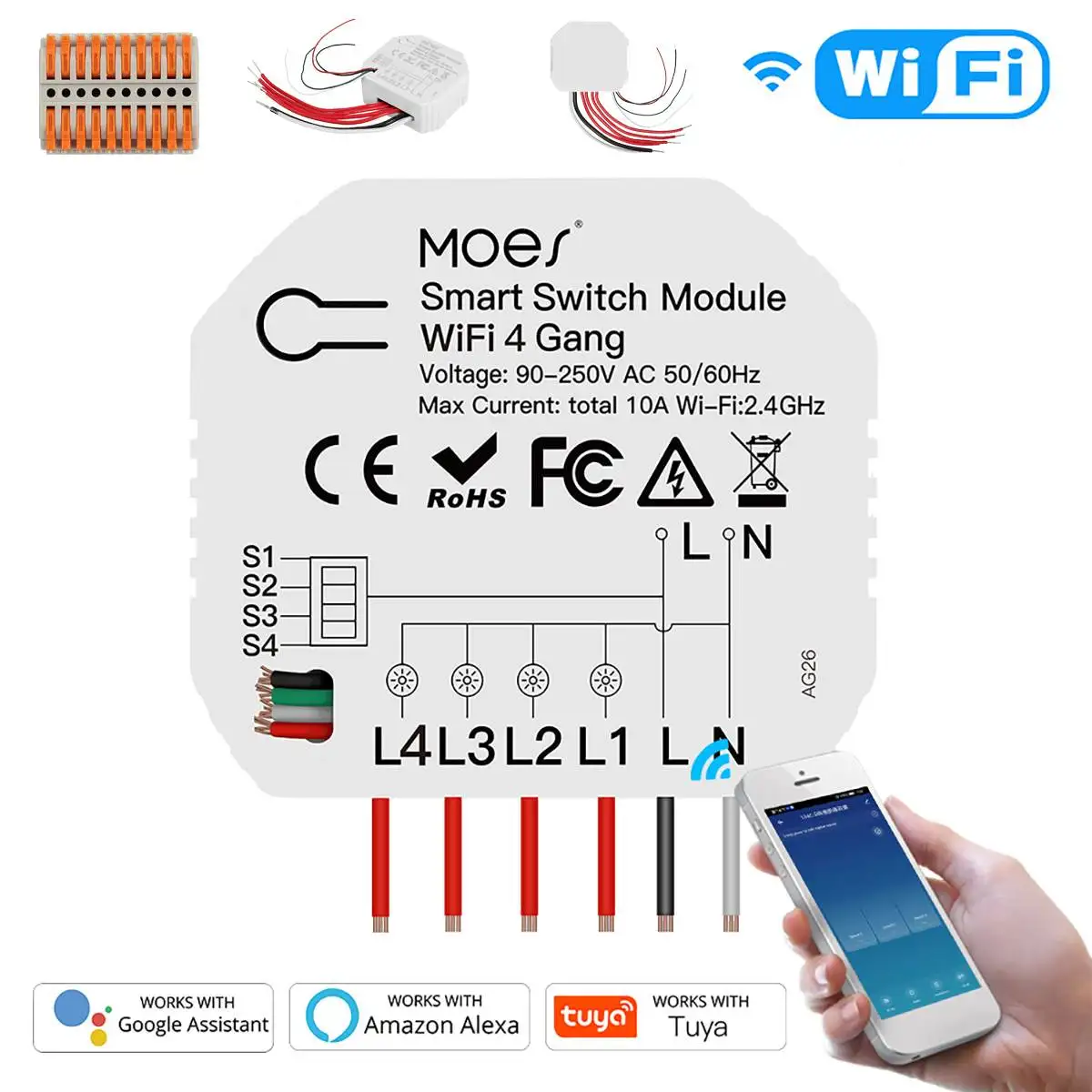 Беспроводной модуль смарт-выключателя с поддержкой Wi-Fi, 10 А, 4 канала