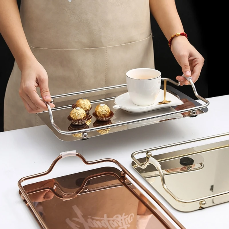 

Nordic Style Rectangular Stainless Steel Mirror Tray with Handles Coffee Bar Food Serving Trays Teapot Cup Dessert Plate