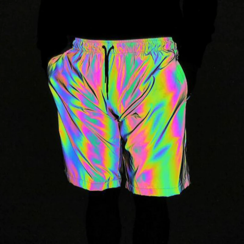 Rainbow Gym Sport Shorts Men Reflective Light Cargo Joggers Casual Hip Hop Dazzling Loose Size Elastic Waist Hot Short Pants