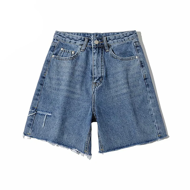 

Summer new style simple fashion street high waist ripped denim shorts women, solid color thinner loose five-point jeans women