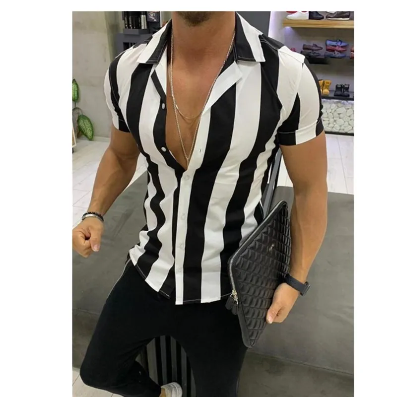 Мужские летние модные полосатые рубашки повседневные с коротким рукавом мужские