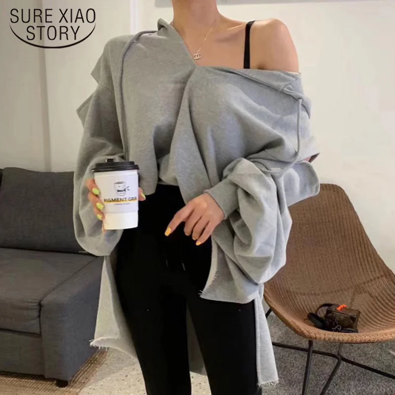 

Elegant Irregular Hole Split Hooded Sweatshirts Women Loose Lazy Wind Pleasure Casual Tops Autumn Grey White Pink Hoodies 17409