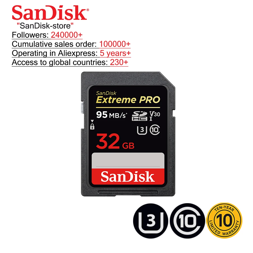 Карта памяти SanDisk Extreme Pro SDHC/SDXC SD карты 32 Гб 64 128 ГБ 256 C10 U3 V30 UHS-I cartao de для Камера |
