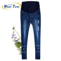 hot sale good quality cotton denim skinny maternity jeans holes contrast stitching pockets pencil jeans for pregnant women