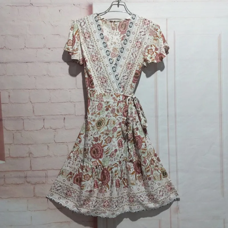 

2019 Bohemian Floral Women Mini Dress V-neck Wrap Sash Print Ruffle Dresse Female Summer Elegant Holiday Beach Sundress