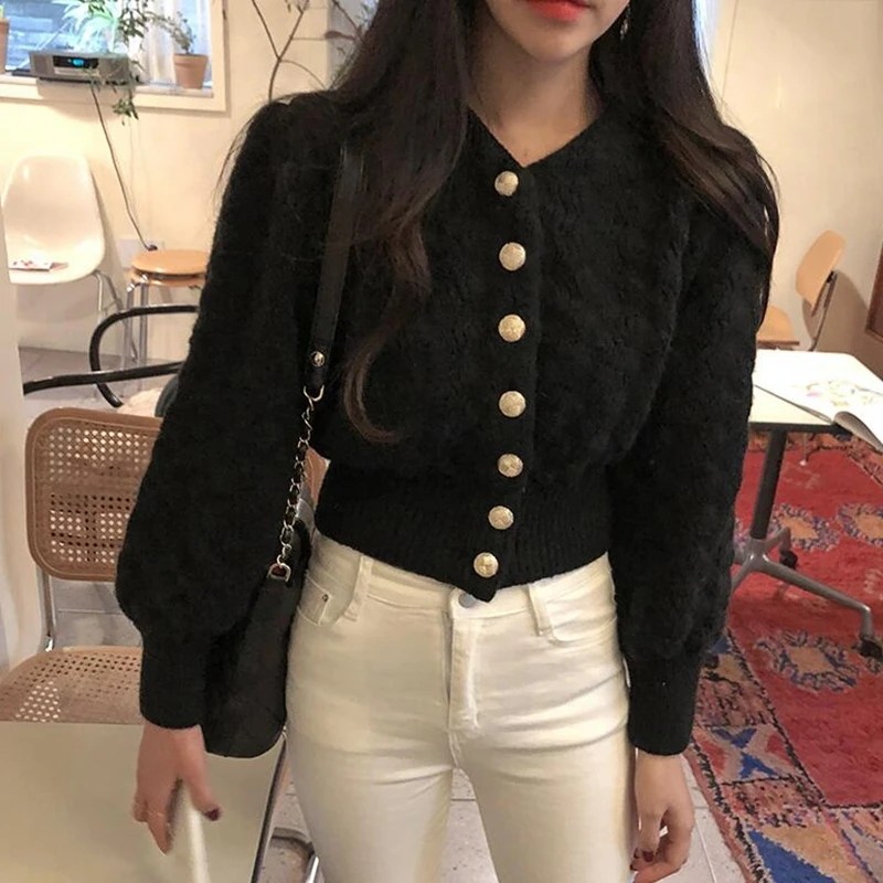 RealShe женский свитер 2019 v-образный вырез длинный рукав-фонарик на пуговицах