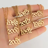 crown year number pendant necklace gold color chain stainless steel necklaces for women birthday gift jewelry 2000 1993 choker