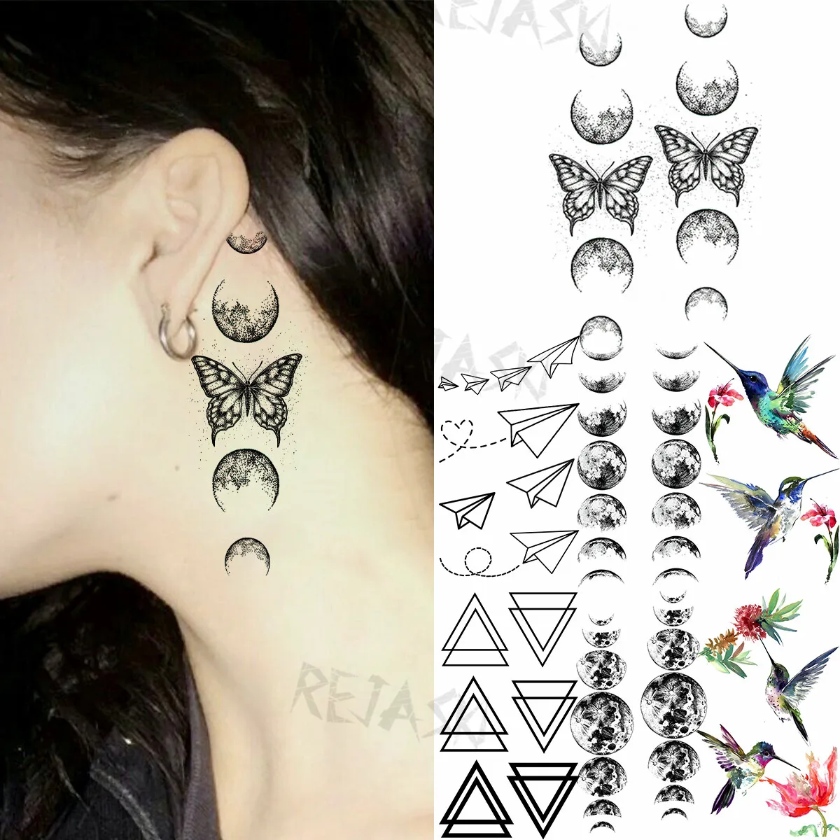 

Planet Butterfly Ears Sexy Temporary Tattoos For Women Adult Hummingbird Geometric Fake Tattoo Waterproof Body Art Tatoos Decal