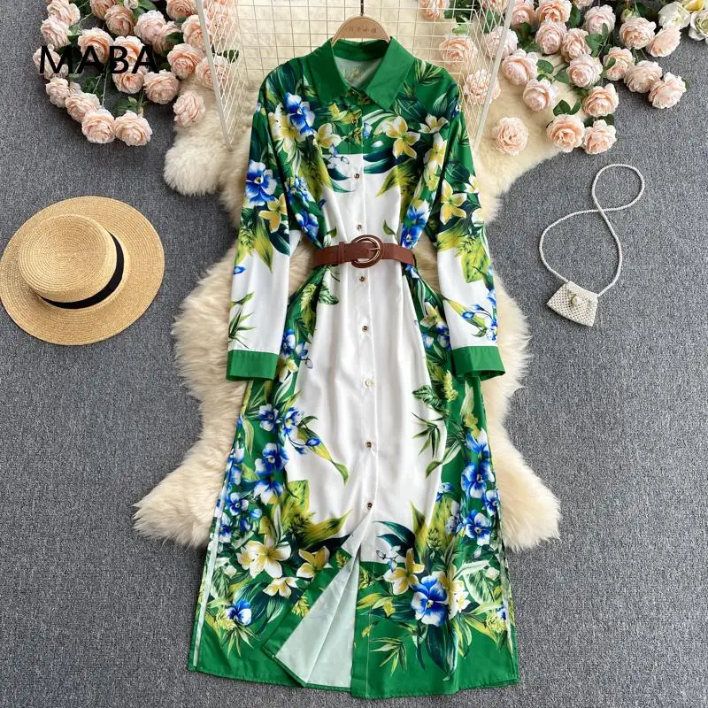 

Women Chic Fashion With Belt Floral Print Midi Dress Vintage Long Sleeve Side Vents Female Dresses Vestidos Mujer