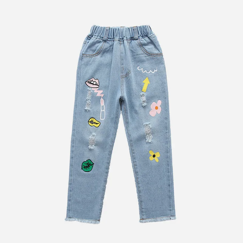 2020 spring children girls new casual denim pants Kids fashion cartoon floral print Jeans for girls 2-7 years !