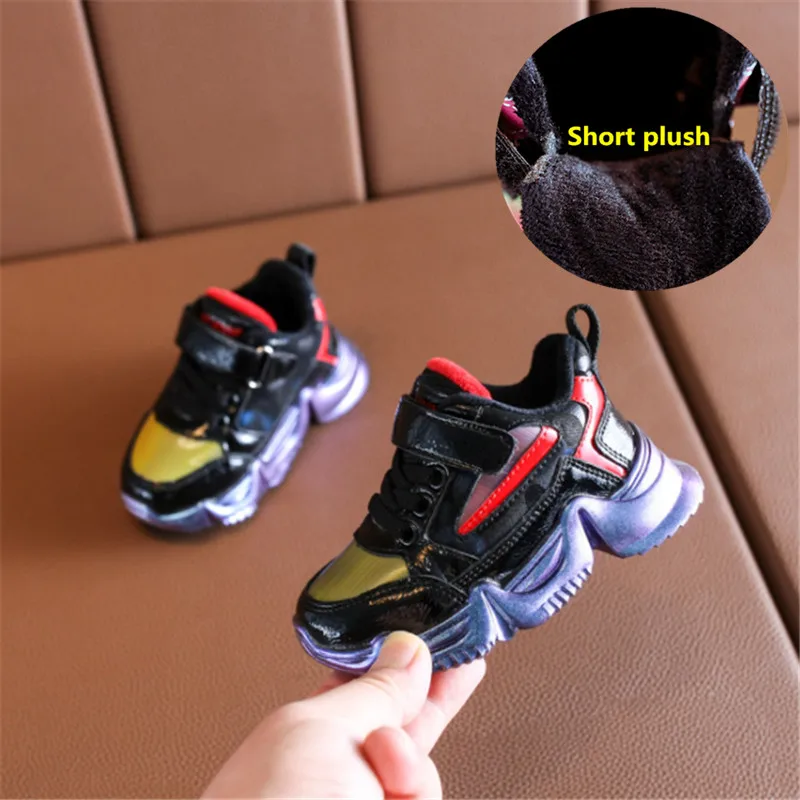 Black red DIMI Winter Children Shoes Boys Girls Sport Shoes Short Plush Baby Sneakers Waterproof Non-slip Warm Kids Shoes Size 21-25 - Цвет: Black red
