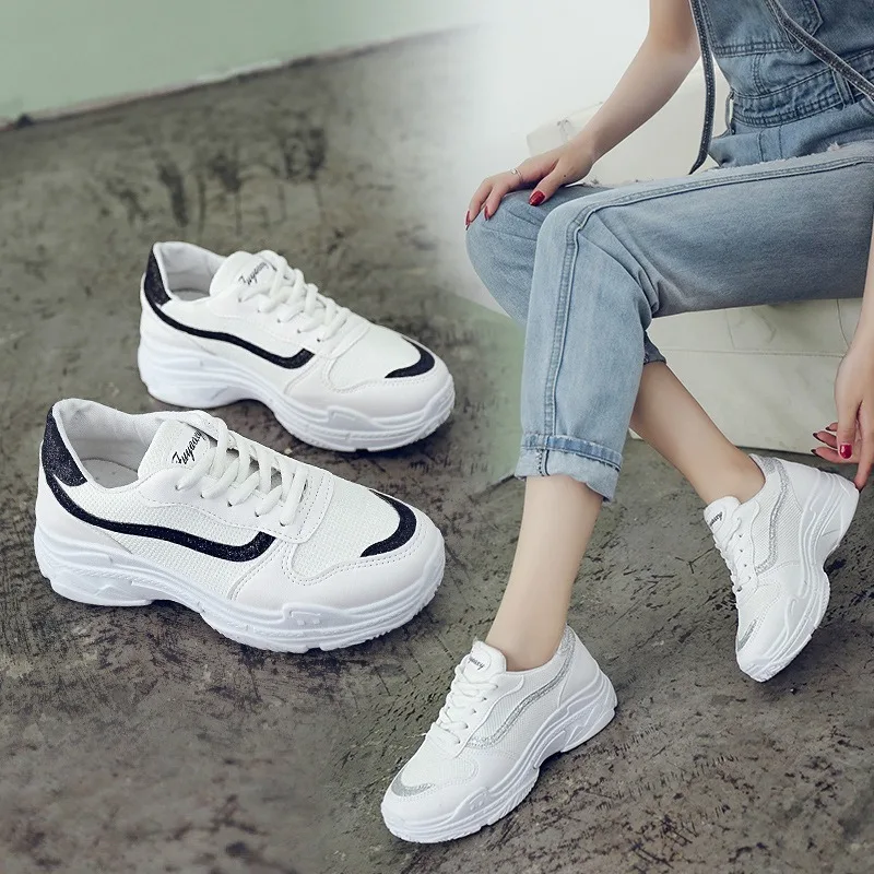 2019 г. осенне-зимние кроссовки Женская обувь на плоской платформе Белая толстой
