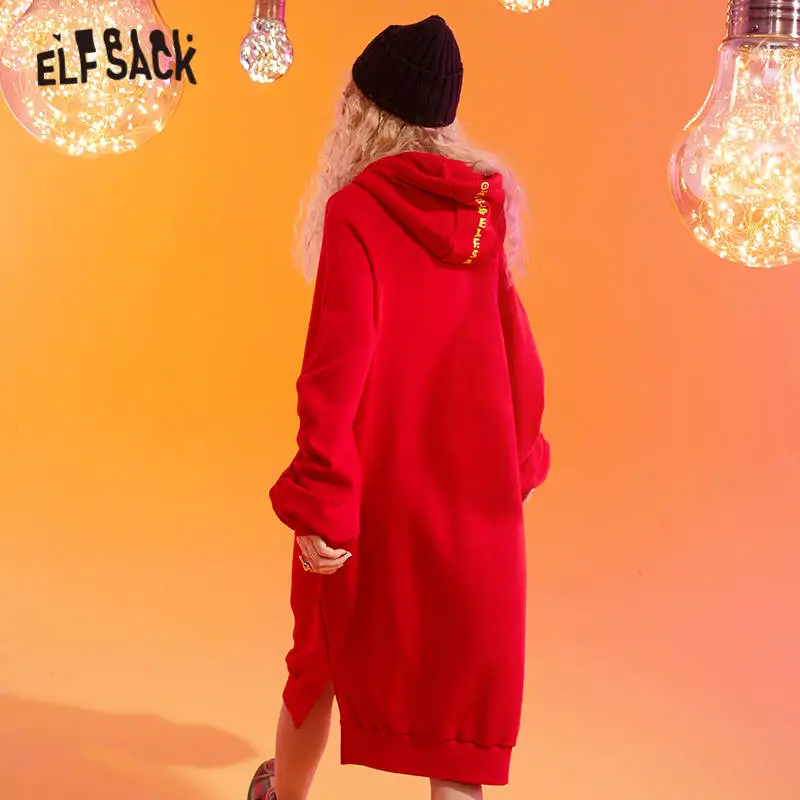Женское Повседневное платье ELFSACK красное однотонное офисное с капюшоном и