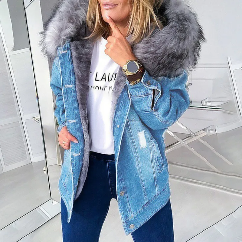 

Winter Fur Jacket Women Denim Coats Faux Hooded Jean Thick Plush Warm Long Sleeve Overcoat Vintage Ripped Female Coat Outwear
