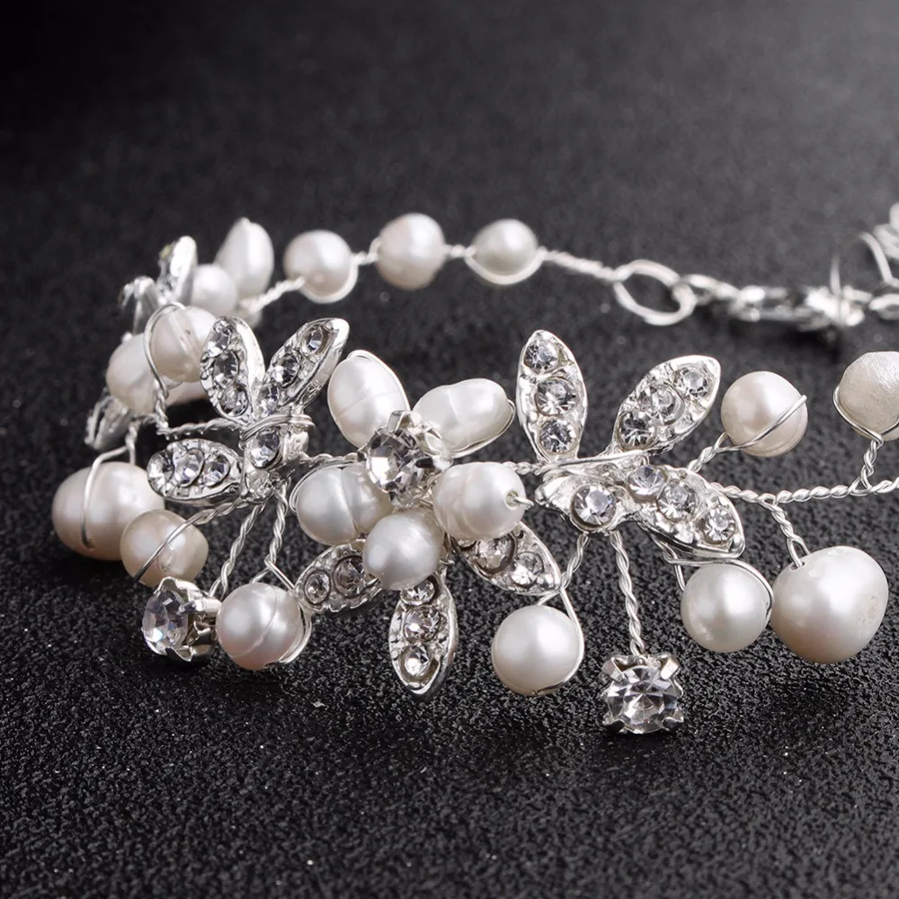 SLBRIDAL ручной работы Серебро чистая кристальная Свадебная браслет стразы пресноводный жемчуг свадебный браслет подружки невесты женские ювелирные изделия