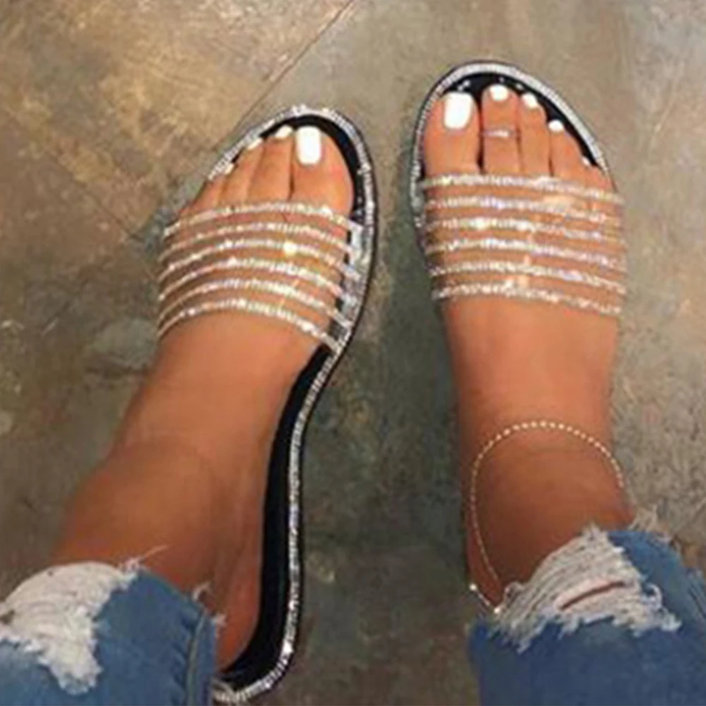 Женские блестящие сандалии со стразами на плоской подошве пляжные шлепанцы