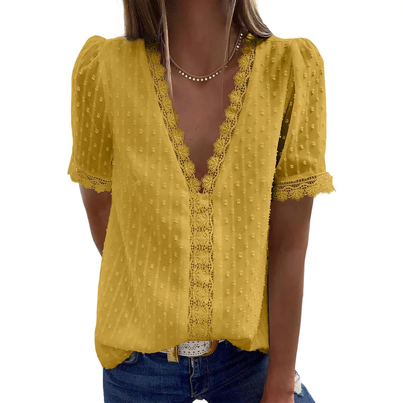 

Chiffon Shirt Women 2021 Summer New Cool Solid Jacquard v-Neck Short-Sleeved Pullover Blouse Lace Stitching Casual Tops Lady