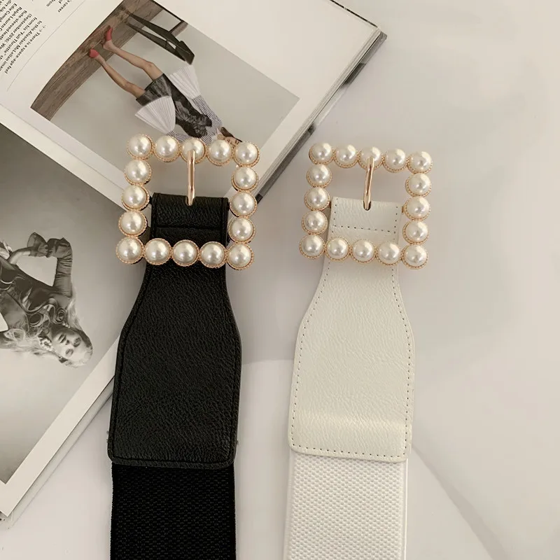 

The new square pearl buckle belt women's decorative shirt dress waist-high lady waist seal fashion trend
