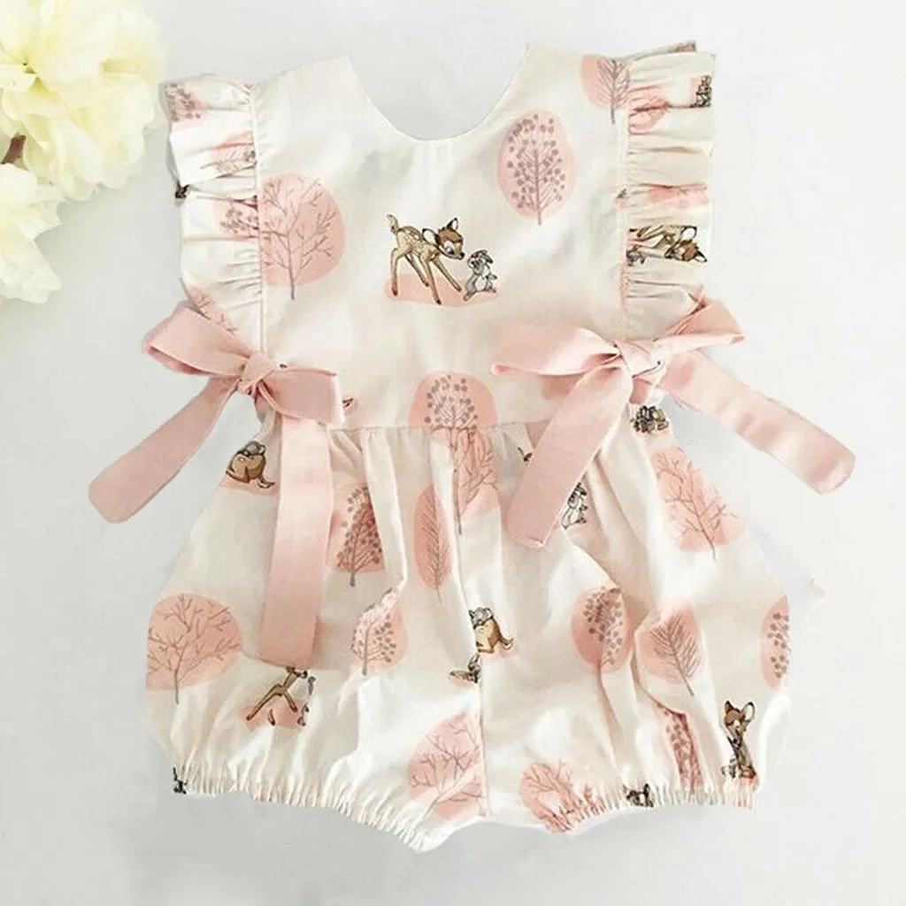 

0-24M Adorable Baby Girls Christmas Cartoon Deer Ruffles Vest Romper Jumpsuit Bodysuits Bow Sunsuit Clothes Infant Baby Clothing