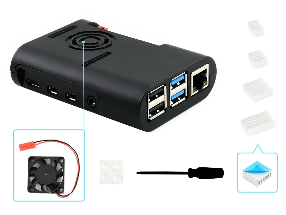 Waveshare Черный ABS чехол для Raspberry Pi 4, с охлаждающим вентилятором