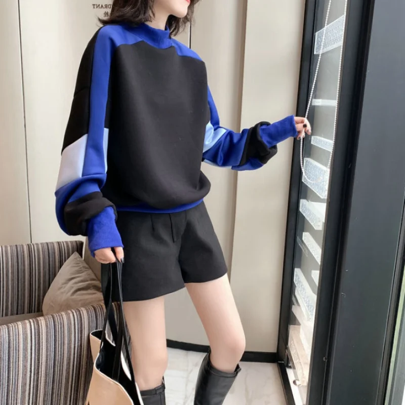 

Толстовка из хлопка, женская, Корейская версия, свободная, осенняя, короткая, с длинным рукавом и круглым вырезом, Черная