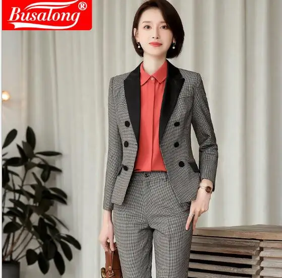 Женский костюм-Униформа в клетку двубортный топ с длинным рукавом и брюки |