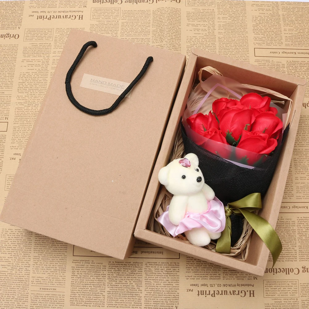 

7pcs Scented Rose Soap Bouquet Box with Lovely Bear Doll Decorative Artificial Simulation Soap Flowers Valentines Day Gift#38