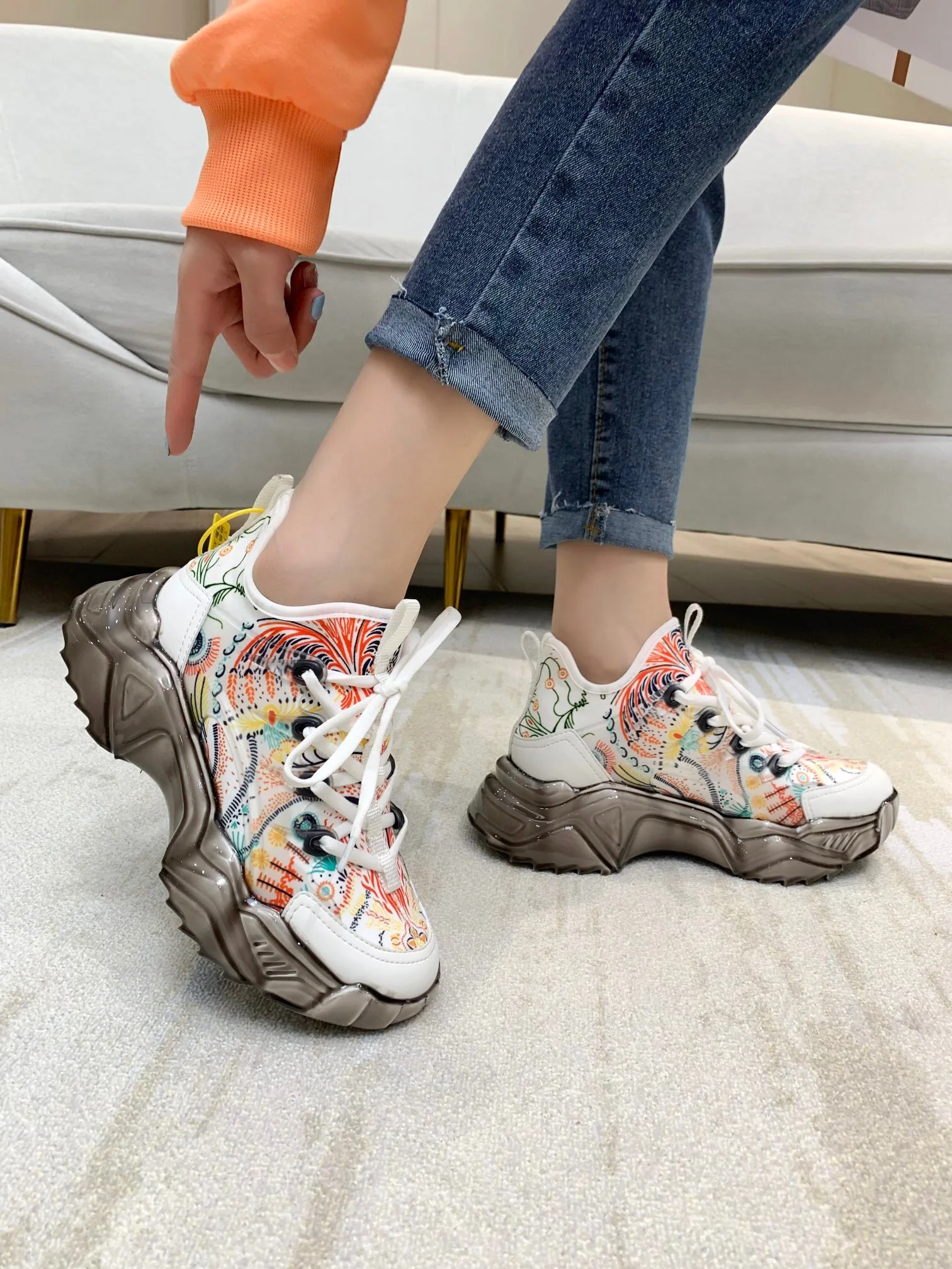 

Women's Spring Autumn Sneakers Chunky Shoes Platform Thick Soled Casual Shoe Pantshoes Street Fashion Genuine Leather Lady