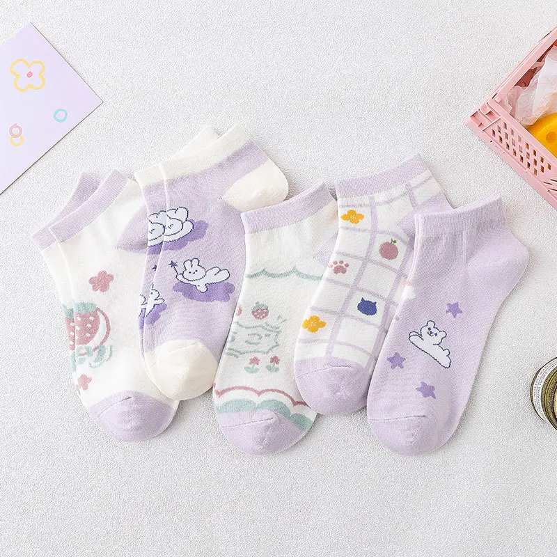 

2021 spring and summer new cartoon boat socks purple cute rabbit socks women socks strawberry check socks