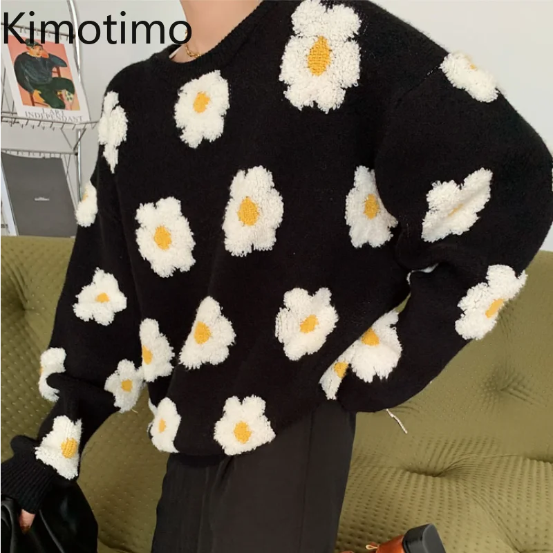 

Kimotimo Daisy Embroidery Knit Sweater Women Autumn Winter New O-neck Lazy Pullover Korean Fashion Color Contrast Ins Sweaters