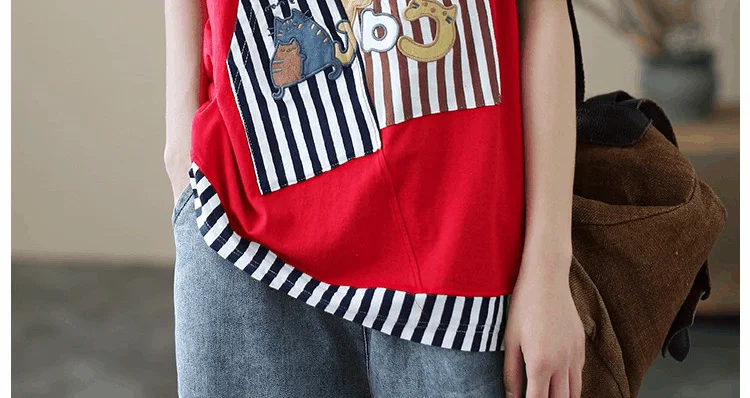 

2021 Summer Cartoon Patch Ladies T-shirt Women Loose Round Neck Half Sleeve Striped Tee Stitching Short-Sleeved Pullover Top