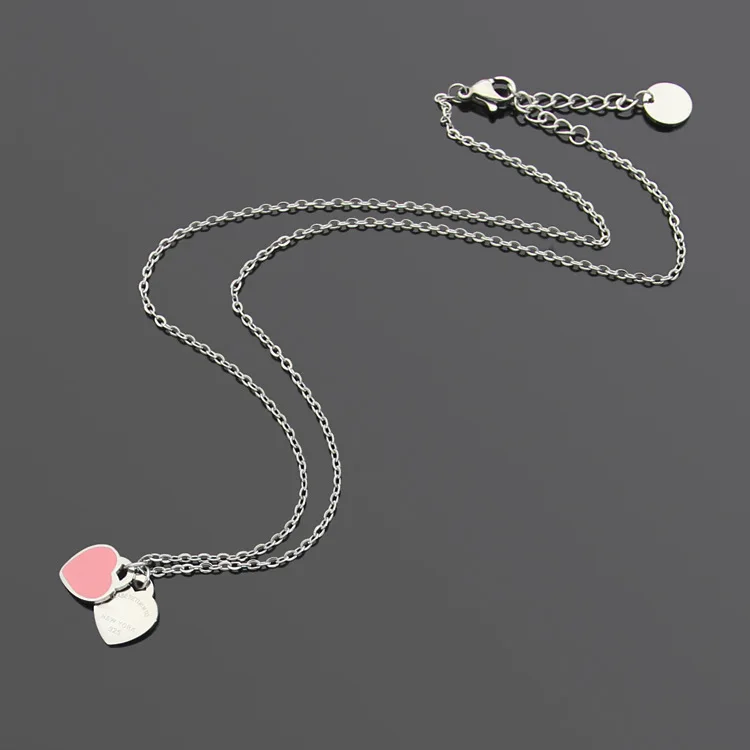 

Female fashion brand jewelry double heart necklace with red green and pink oil heart-shaped necklace with 18 karat gold