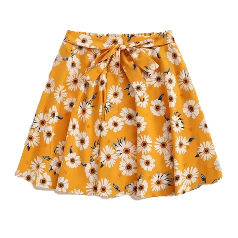 

Summer New European and American Hot Fashion Casual Yellow Print Elastic Bandage High Waist Pleated Skirt