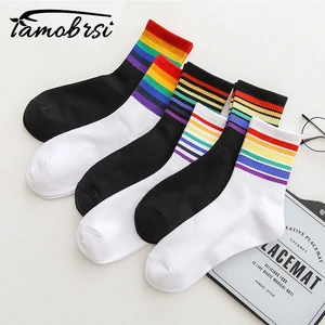Милые женские носки ЛГБТ в радужную полоску, милая Корейская уличная одежда, теплые забавные яркие белые черные короткие зимние хлопковые неоновые счастливые носки