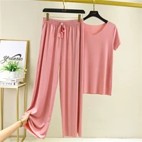 ice silk short sleeved t shirt two piece womens summer new v neck thin topstrousers drape 2pcs suits casual wide leg pants 8