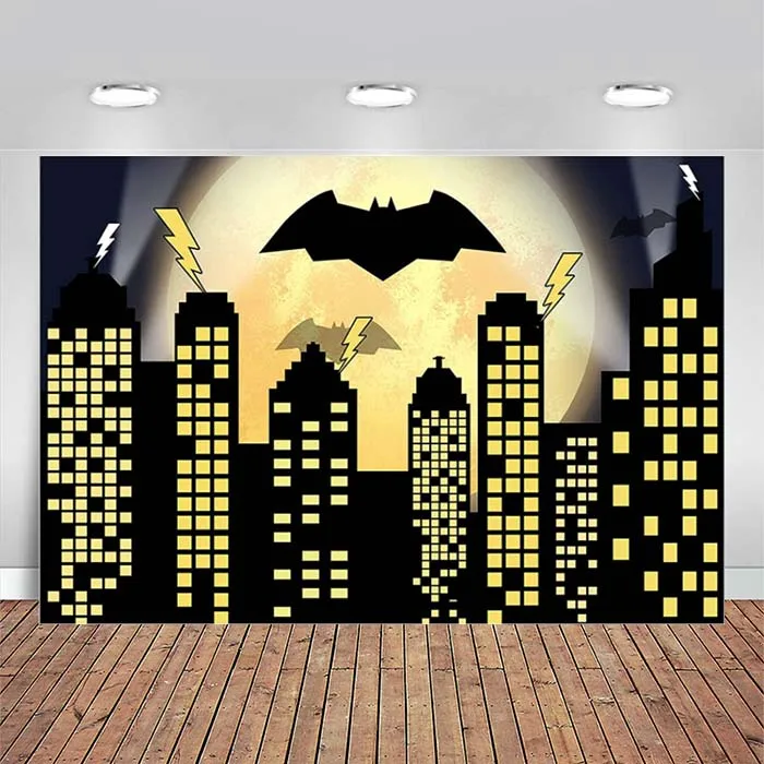 Enlarge Super Cityscape Theme Photo Background City Skyline Building City Boom Full Moon Bat Photography Backdrop Children Boys Banner