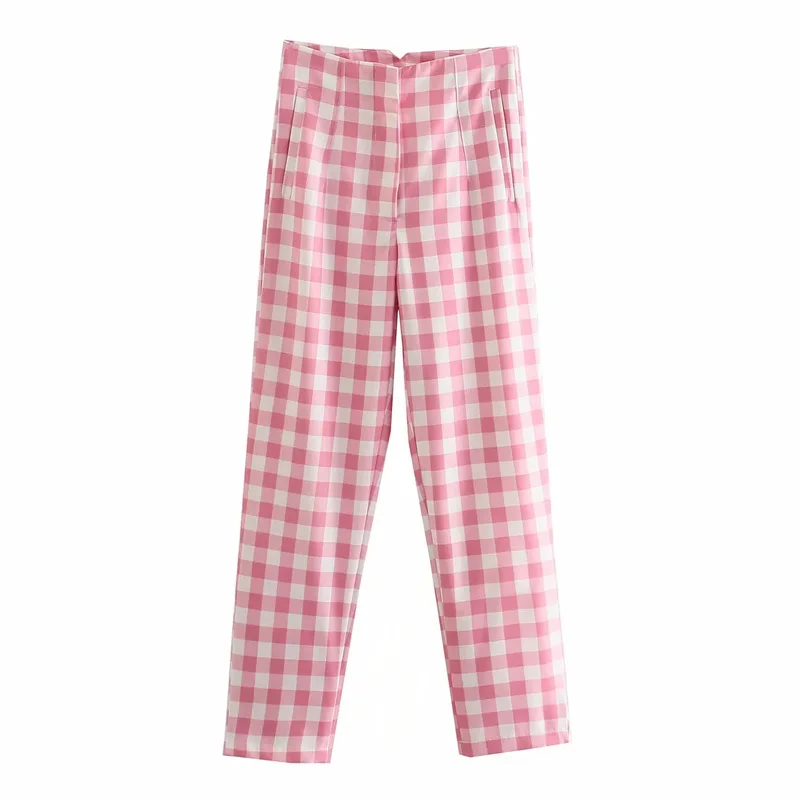 

Autumn Vintage Plaid High Waisted Pant Woman Elegant Trousers Famale Zipper Stright Pants 2021 Women Pink Pants Spring