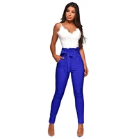 women casual high waisted pants office lady elegant slim skinny pencil pants pleated new look trousers with bow sashes pockets