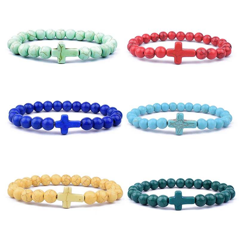 New Multicolor Natural Turquoise Cross Beads Men Bracelets Lava Agate Matte Charm Women Bracelet Christian Jewelry Bijoux Gift