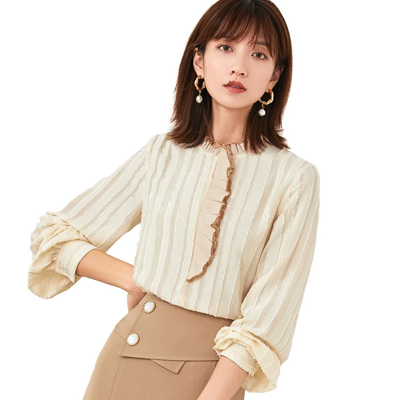 2020 Осенняя жаккардовая шифоновая рубашка с длинным рукавом деревянная блузка