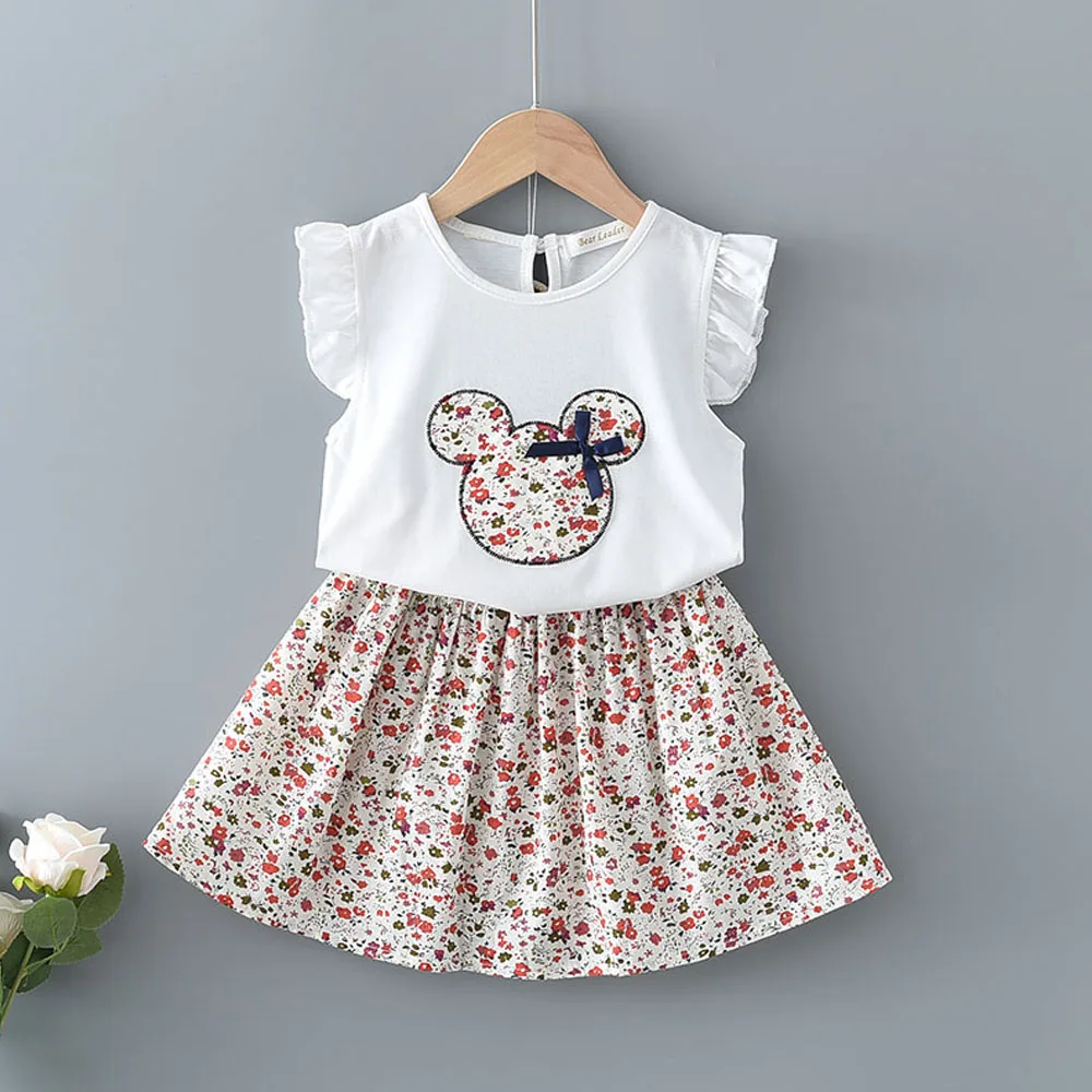 

Baby Girl Summer Clothes Suits Kids White Tees And Floral Skirts Outfit Two Piece Children's Princess Clothing Toddler Girl Suit