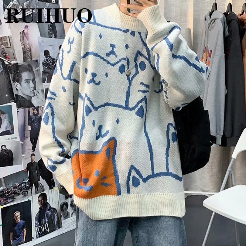 Свитер RUIHUO с мультяшным котом Мужской пуловер уличная одежда в стиле хип-хоп