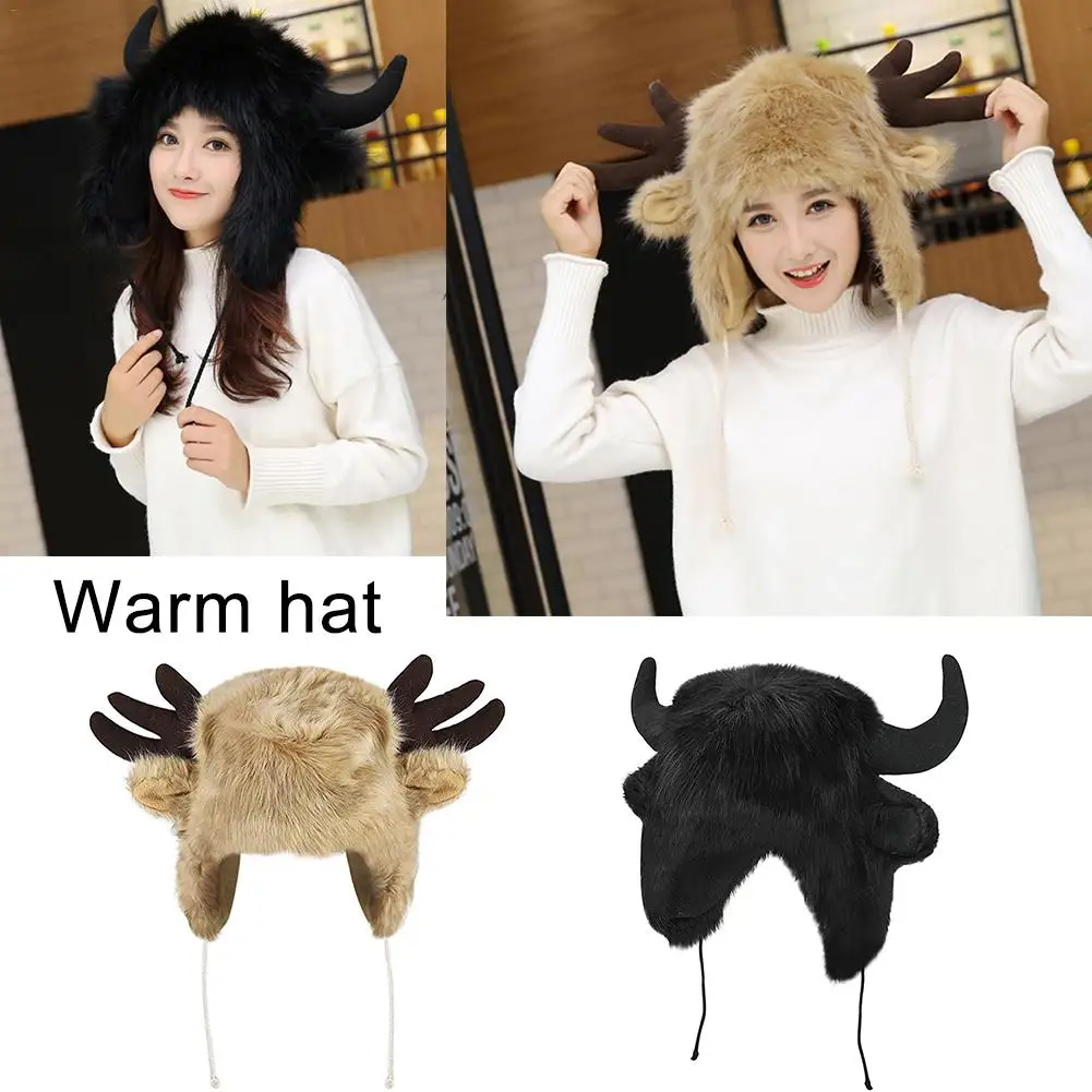 Мужские и женские рога шапки милый искусственный мех зимне наушники шапка