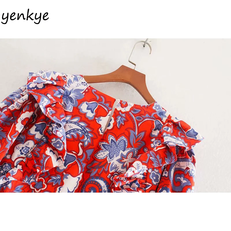 

Fashion Women Vintage Floral Print Dress Lady V Neck Lantern Sleeve Ruffle A-line Mini Dress Plus Size vestido CCWM9581
