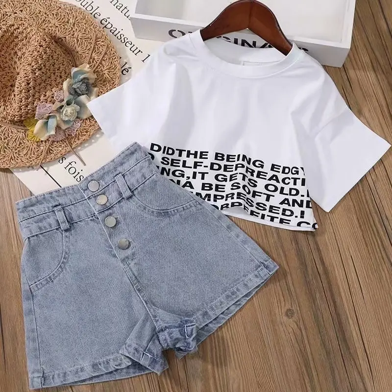 

Children's Clothing 2021 Summer New Fashion Girls' Suit Children's Casual T-Shirt Letter Denim Shorts Two-Piece Round Neck
