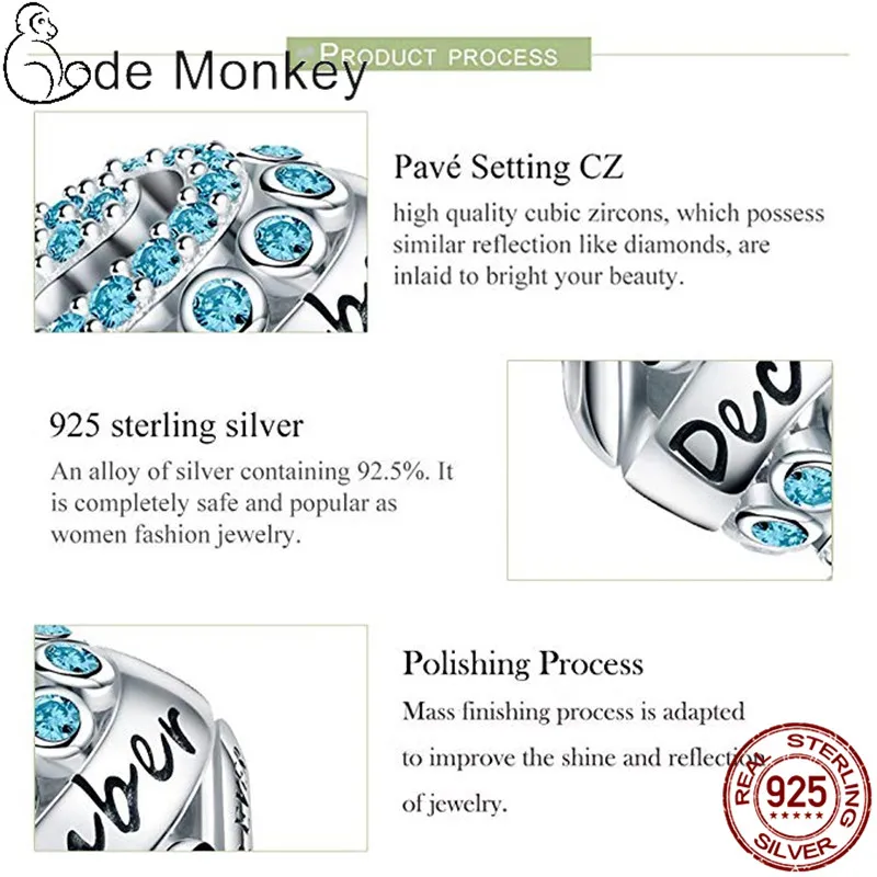 100% Настоящее серебро 925 пробы 12 стилей камень на день рождения оригинальный