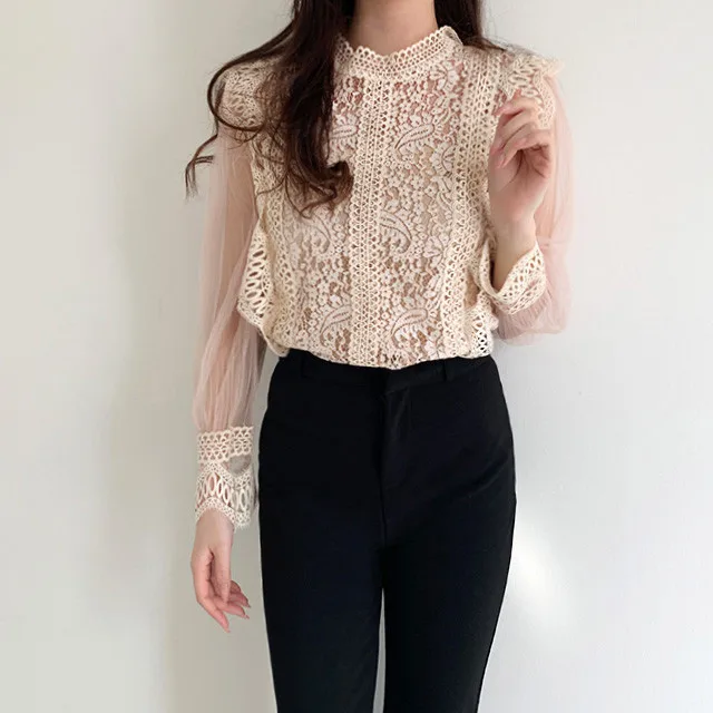 

Chic design feeling small gauze shirt joker lace top female