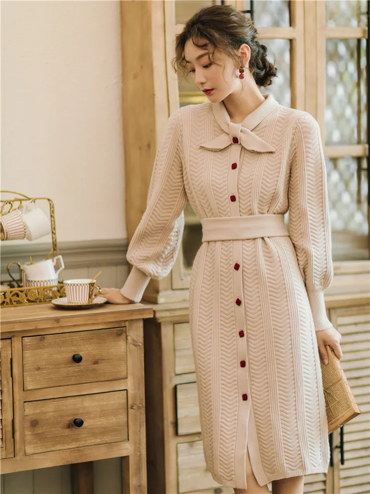 Новинка 2019 модное женское вязаное платье во французском винтажном стиле плотное