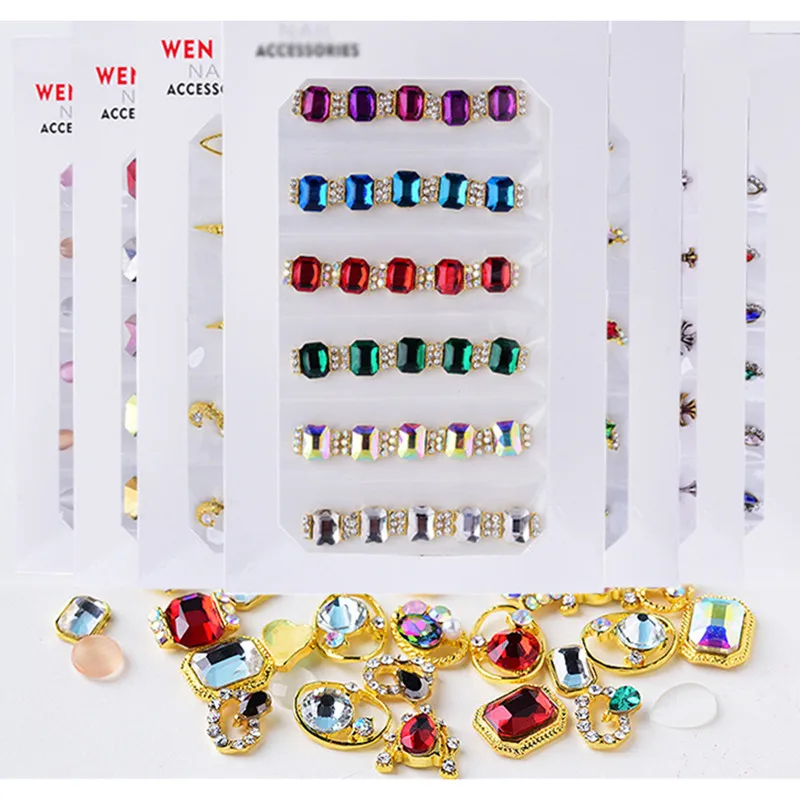 

6 Girds/Pack Mixed Design Shiny 3D Nail Art Decorations Crystal Natural Stone Pearl Shell Metal Alloy Glass Diamonds DIY Jewelry