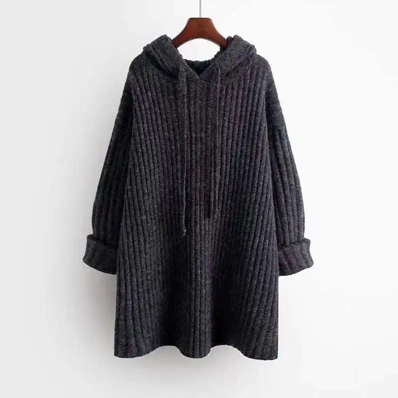 

Fall 2021 New Lazy Drawstring Hooded Knitted Top Plus Size Mid-length Casual Sweater Women Cardigan